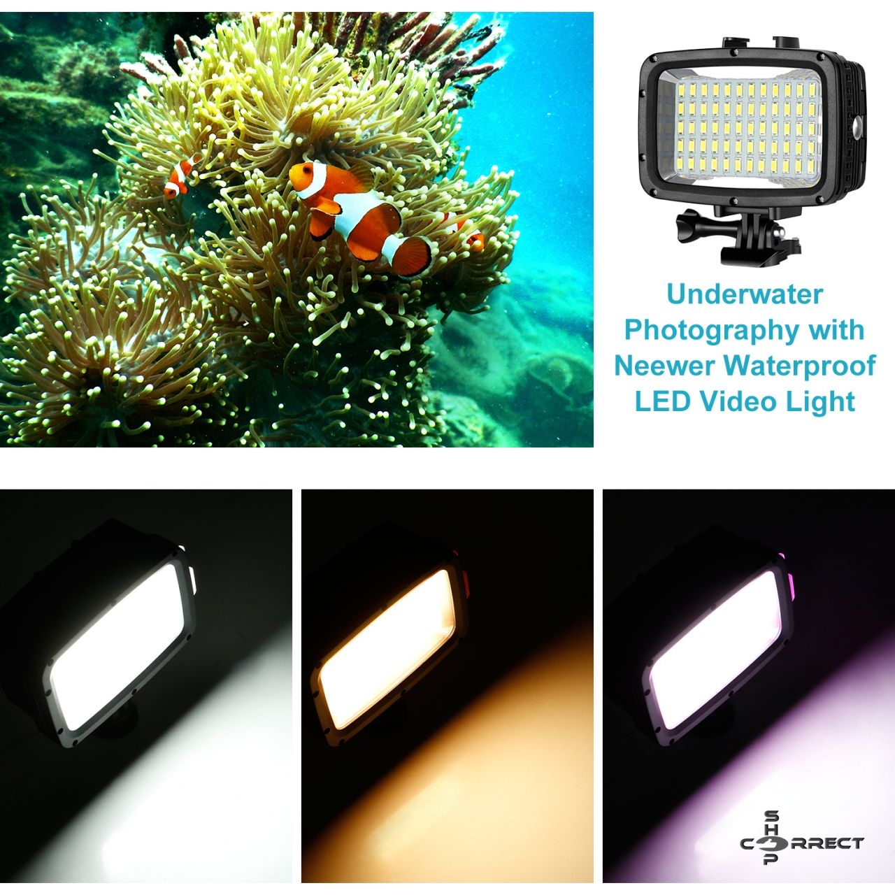 Neewer 60 LED vízálló videó lámpa, újratölthető akkuval, 3 diffuzorral