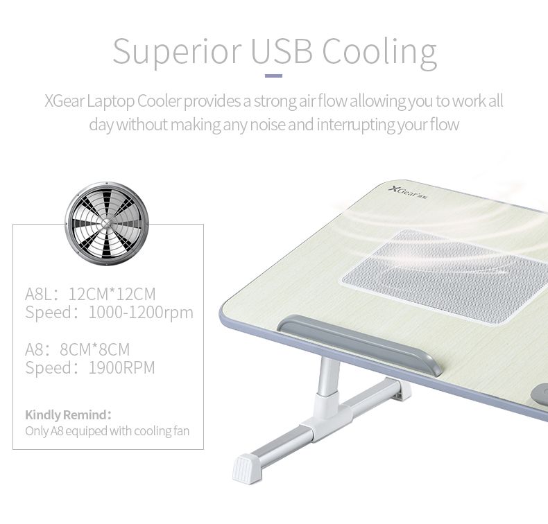 Xgear A8L állítható, összecsukható laptoptartó, hűtővel, 600x330x9mm