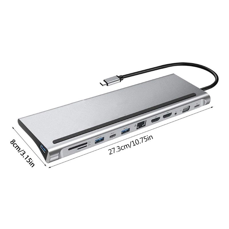 MST 12az1-ben USB-C hub, HDMI, VGA, LAN, USB, AV, kártyaolvasó - szürke (C12H01)