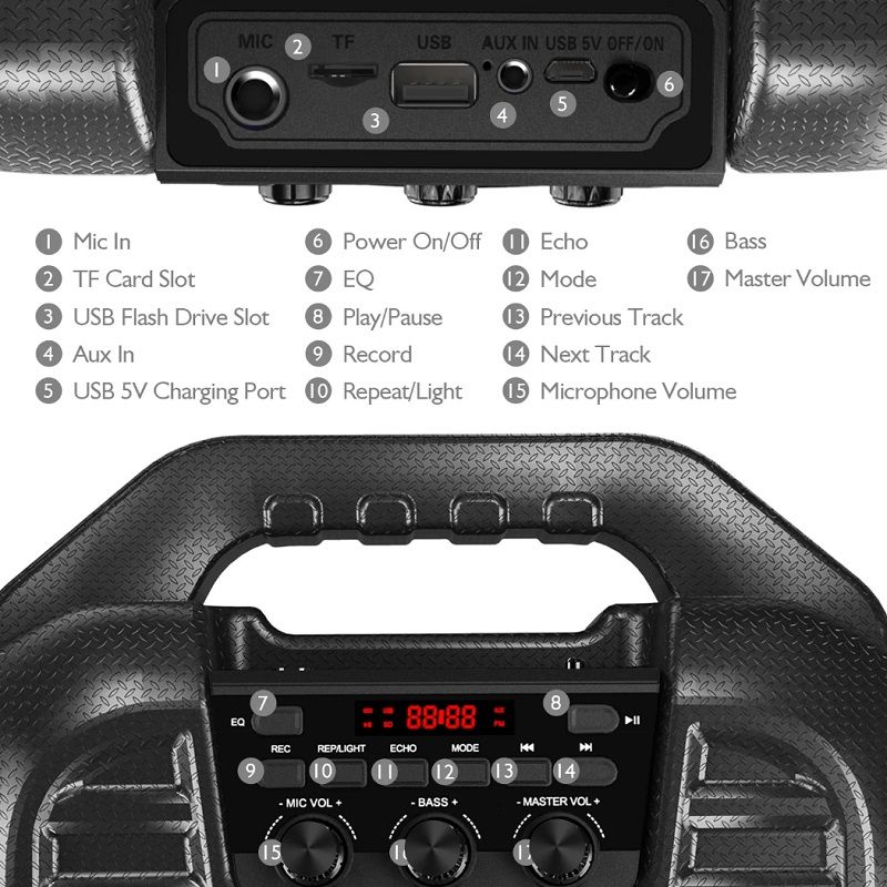 Earise T26 Pro akkumulátoros hordozható hangszóró, karaoke funkcióval, két mikrofonnal, távirányítóval - fekete