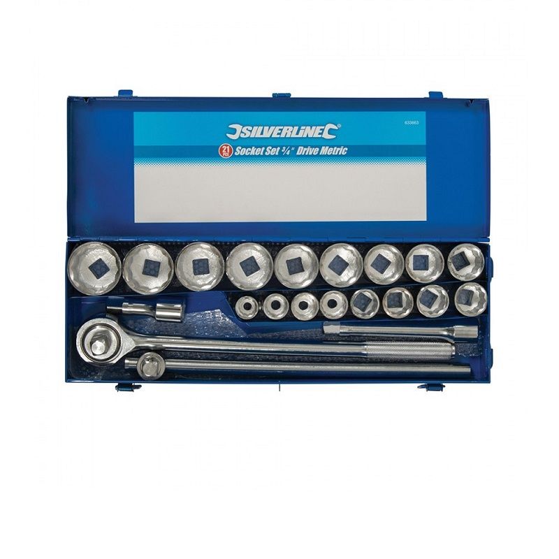 Silverline Tools 633663 racsnis dugókulcs készlet 3/4, fém szállítókofferben, 21 darabos