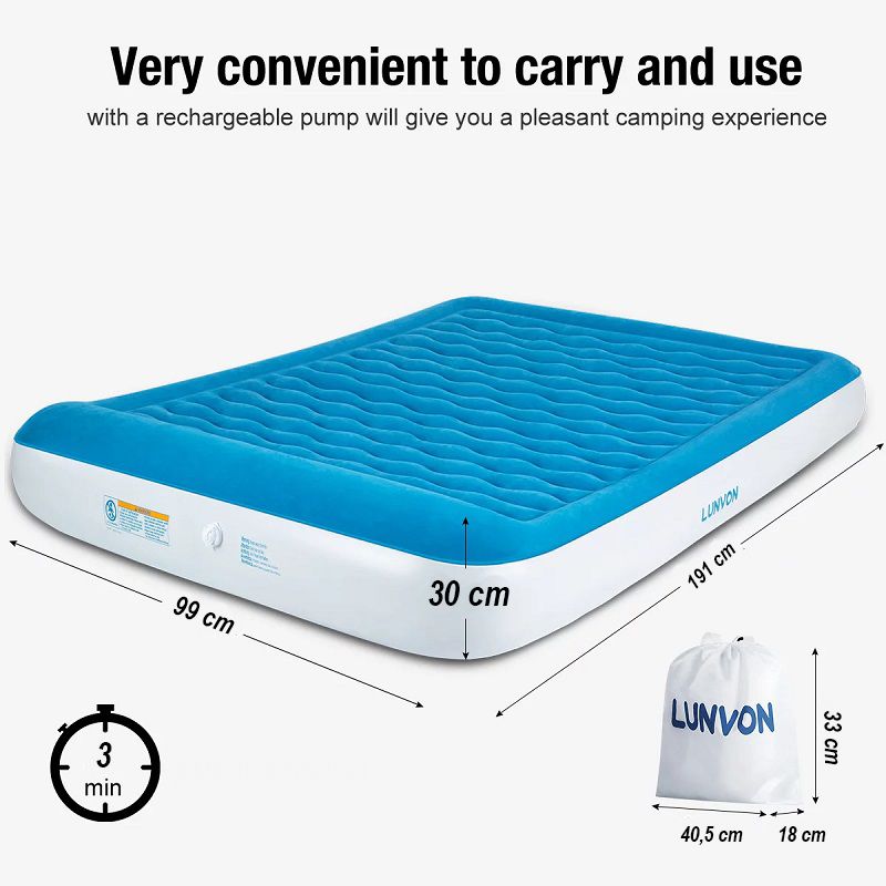 Lunvon felfújható matrac, 191x99x30cm, elektromos pumpával, hordtáskában - fehér/kék (OBO22265)