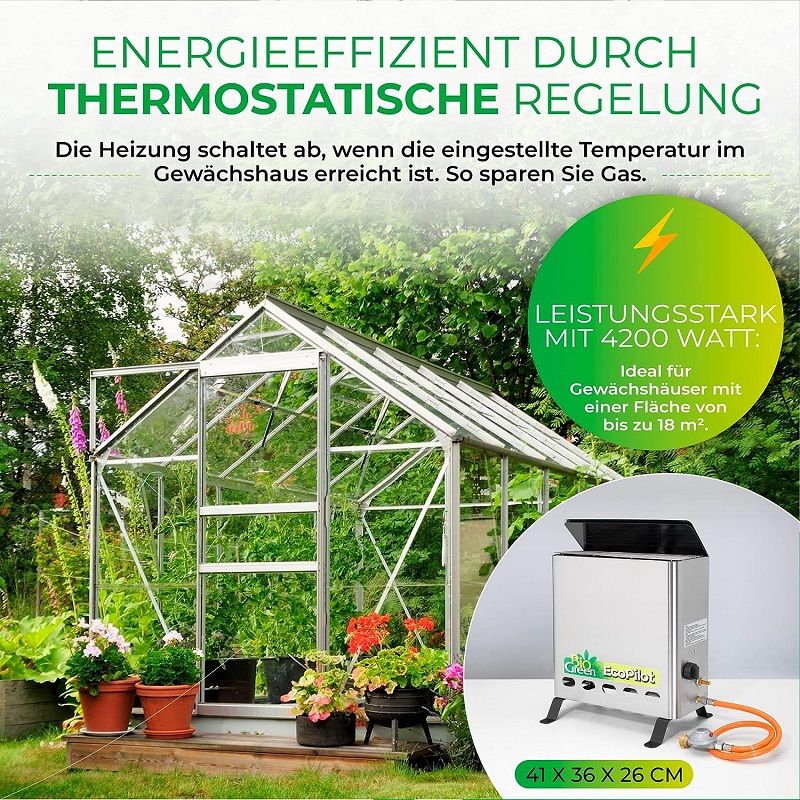 BioGreen EcoPilot gáz fűtőtest, üvegházakba, 4.2kW, hordtáskával - rozsdamentes acél