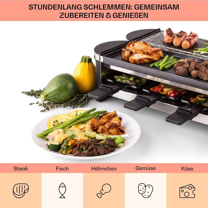 Klarstein Tenderloin 50/50 raclette grillsütő, 8 személyes, terméskővel, 1200W (10028578)