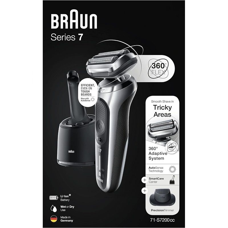 Braun Series 7 71-S7200cc akkumulátoros borotva 360 fokban mozgó fejjel, SmartCare egységgel és tartozékkal, ezüst