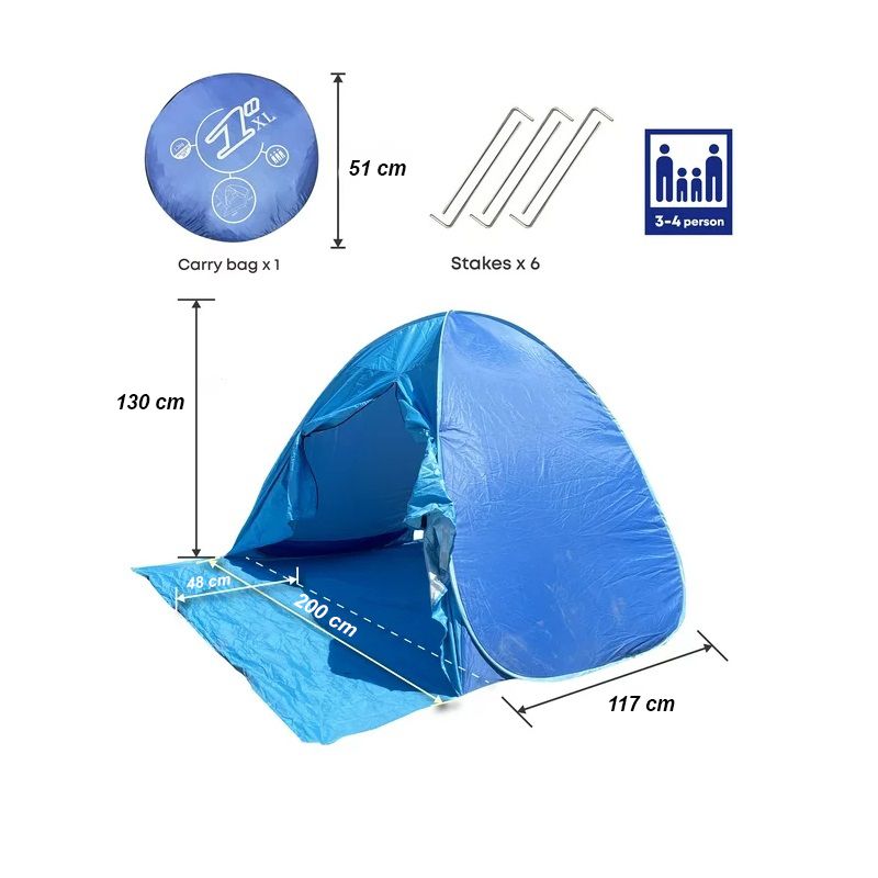 3-4 személyes pop-up strandsátor, 200x165x130cm, hordtáskában - kék