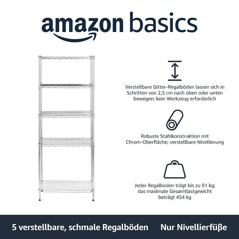 Amazon Basics 5 szintes tároló polc, 152,5x34x59cm, 453 kg-os teherbírással - króm