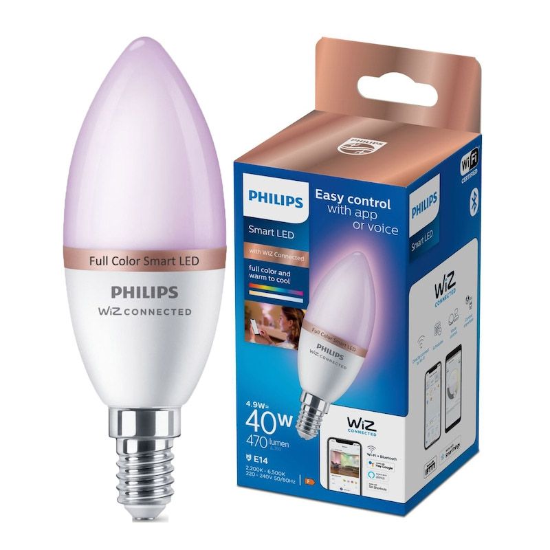 Philips intelligens RGB LED izzó, gyertya, Wi-Fi, Bluetooth, C37, E14, 4,9 W (40 W), 470 lm, színes fény