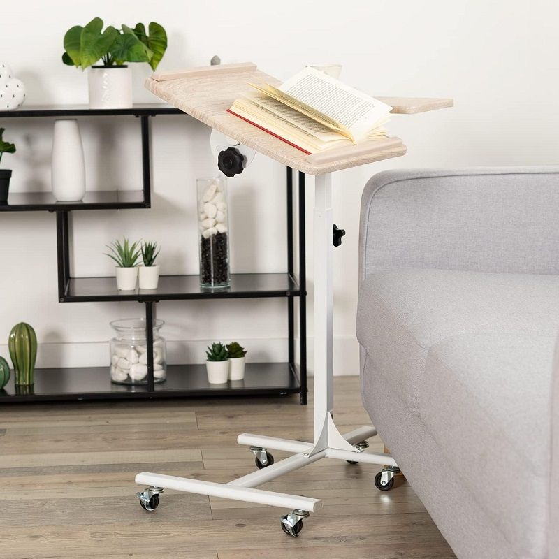 Furnish görgős, állítható magasságú laptopasztal, dönthető asztallappal, 40x60x70-90cm - fehér/bükk