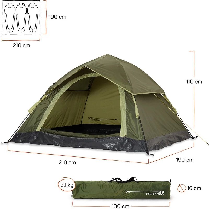 Where Tomorrow 3 személyes pop-up sátor, 210x190x110cm - zöld