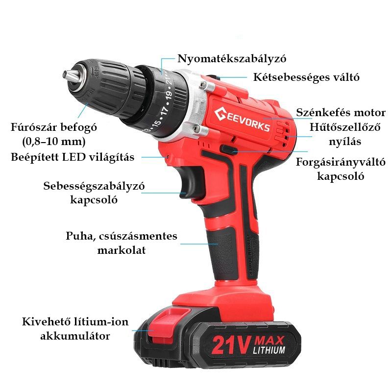 Geevorks G3052 21V akkus fúrókalapács, akkumulátorral és töltővel (21V 2x1200mAh) Geevorks G3052 21V akkus fúrókalapács, akkumulátorral és töltővel (21V 2x1200mAh)