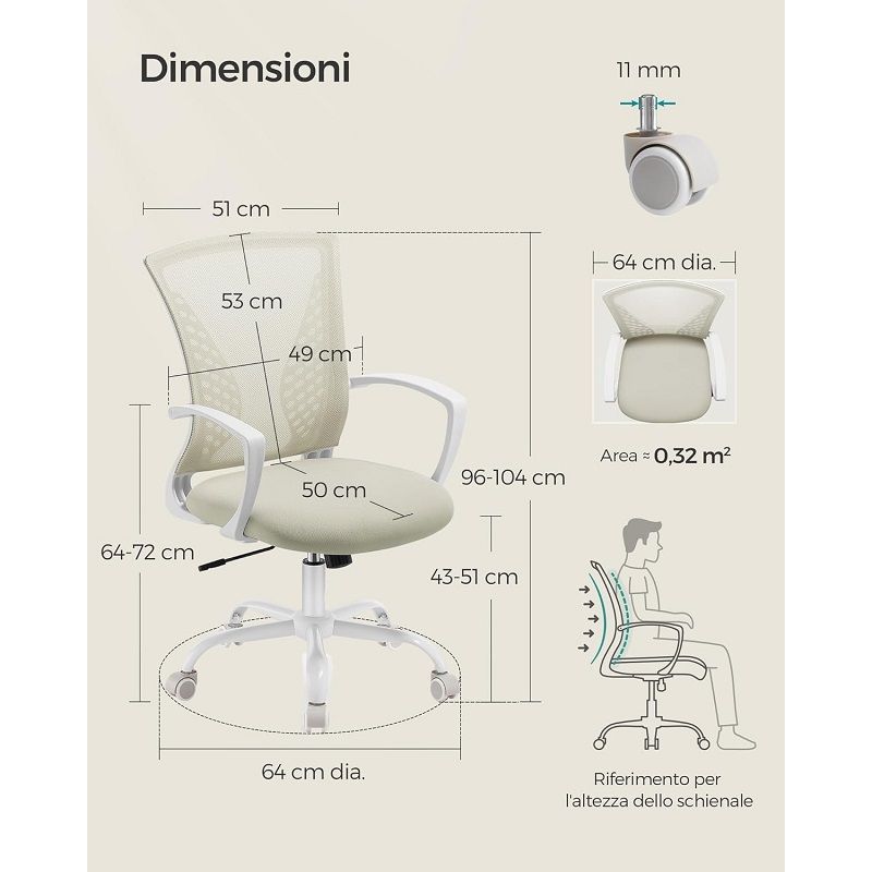 Songmics OBN022K01 ergonomikus forgószék, hálós háttámlával - krém/fehér