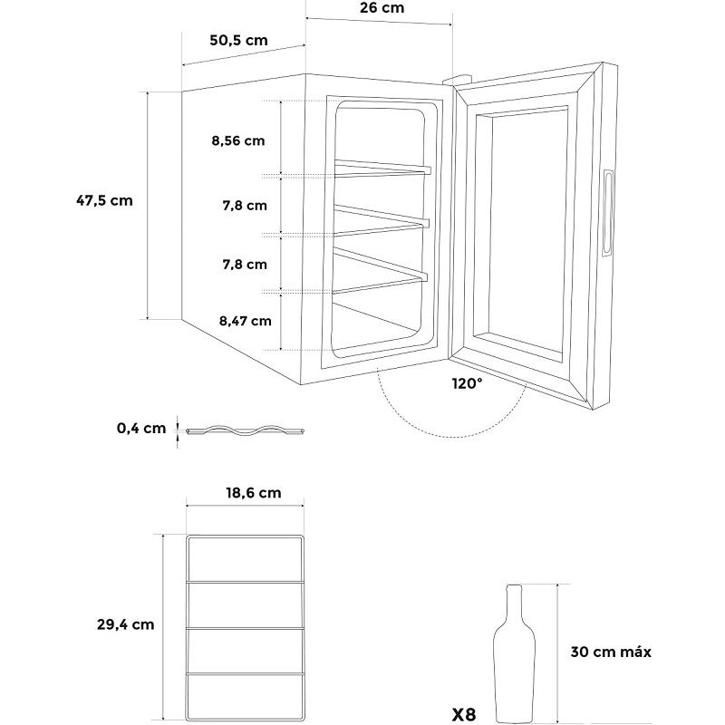 Create Winecooler S 8 palackos borhűtő, led világítással, 3 polccal, 11-18°C, 23L, 60W - fekete (szállítássérült)