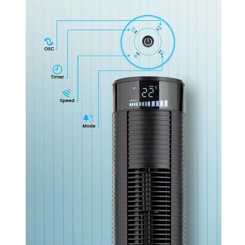 PureMate PM 746 toronyventilátor, távirányítóval, időzítővel, 117cm, 45W - fekete