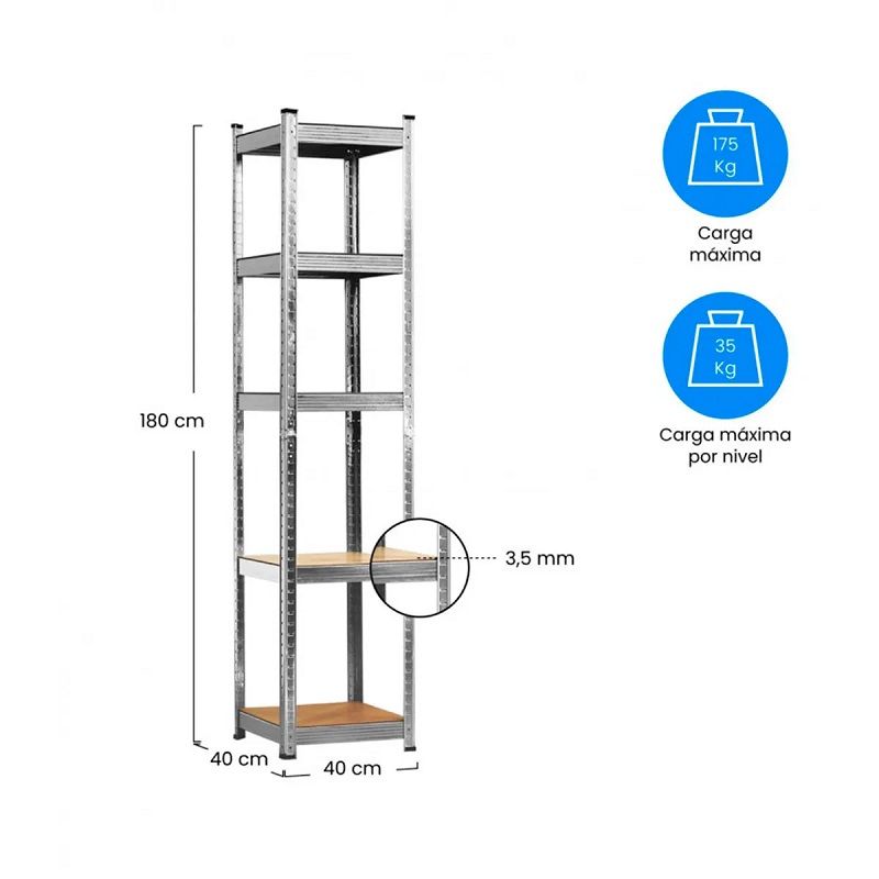 7House 5 szintes fém polc, 180x40x40cm, 175kg-os teherbírással - rozsdamentes acél (76137)