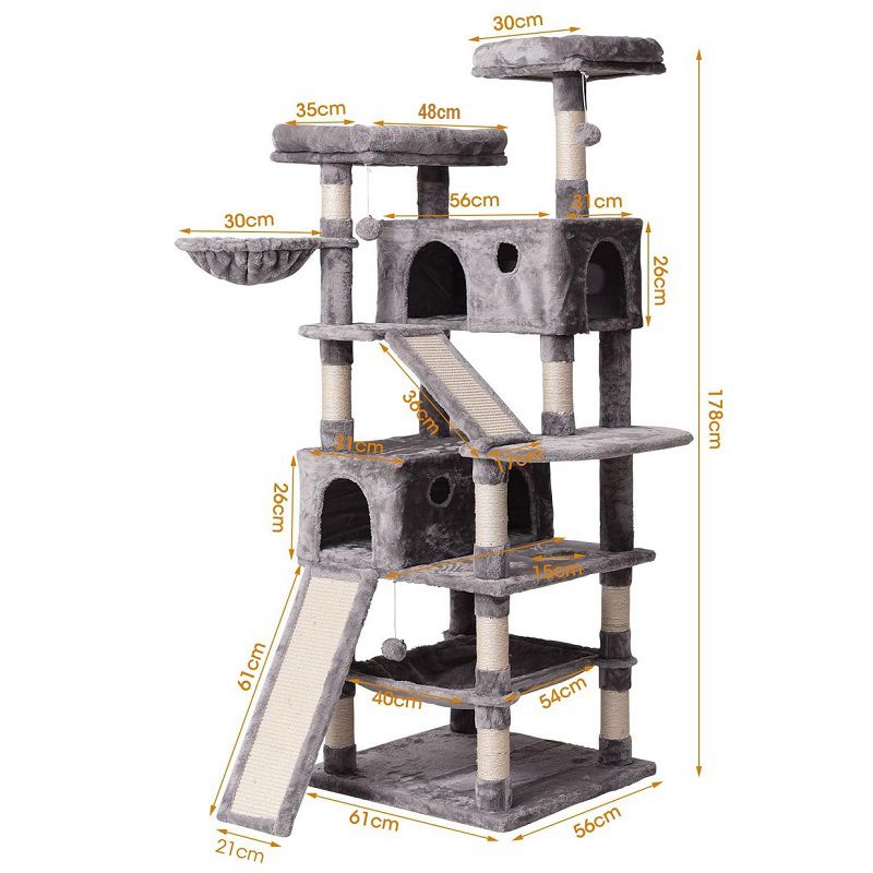 Többszintes macska kaparófa, macskaházzal, függőággyal, kilátókkal, rámpákkal, 178x61x56cm - szürke
