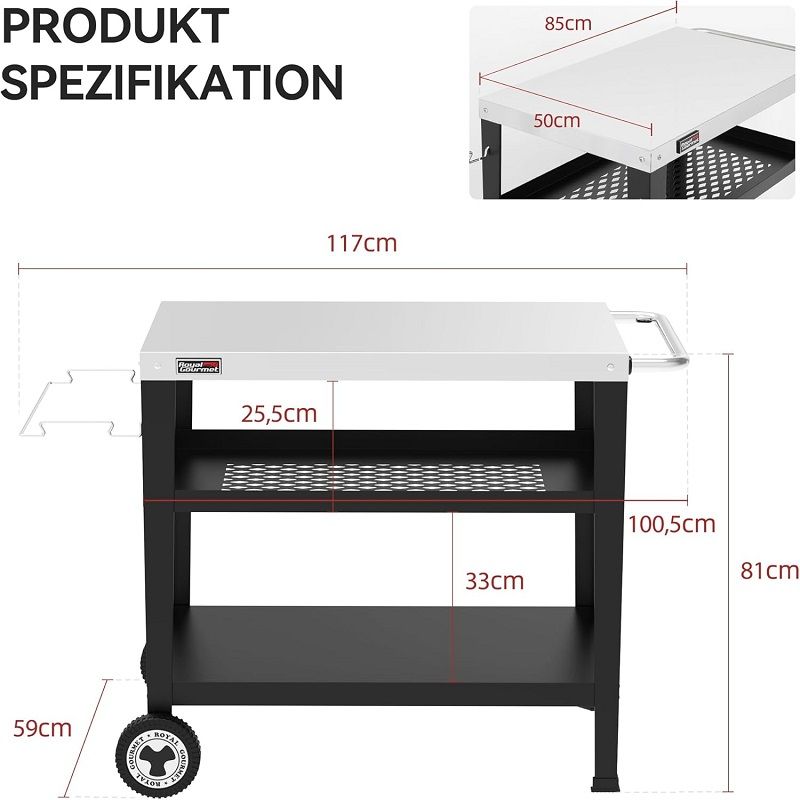 Royal Gourmet 3 szintes rozsdamentes acél grillkocsi, 117x81x59cm - fekete (PC3404SE)