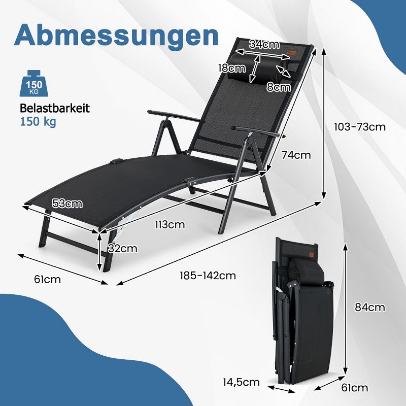Costway összecsukható napozóágy, állítható háttámlával, párnával, 185x61x103cm - fekete (NP11138DK)