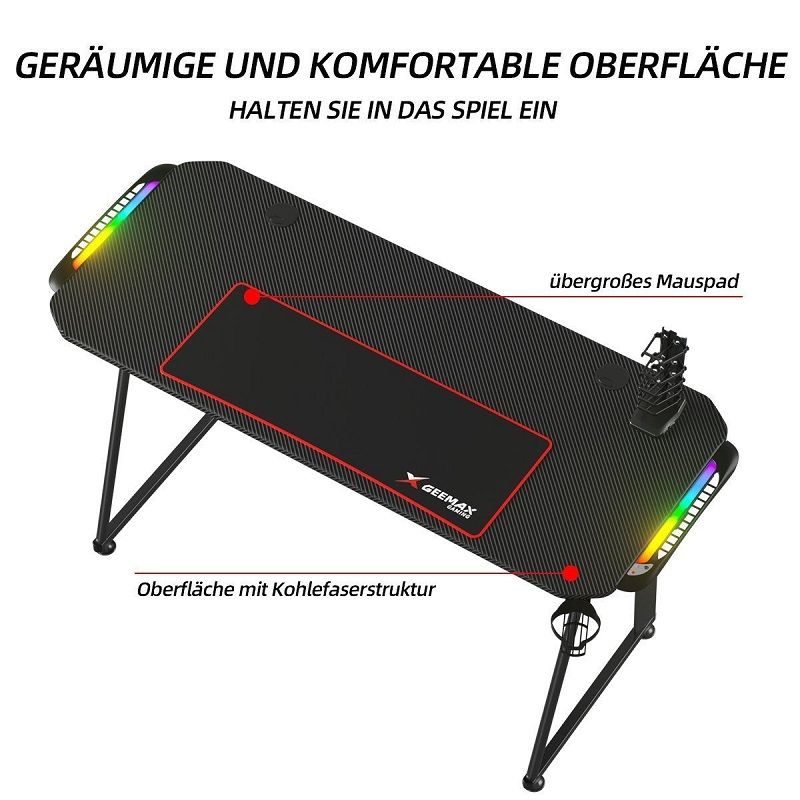 GEEMAX A1-1460 számítógépasztal szett RGB led világítással, 140x60x75cm - fekete