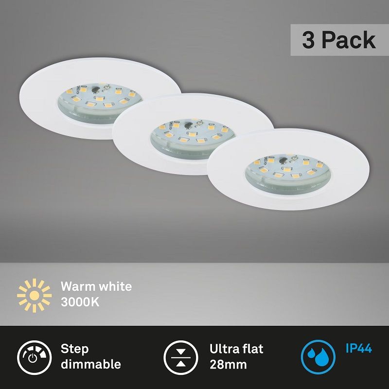 Briloner beépíthető, dimmelhető led lámpa, 6,5W, 570lum, 3000K, IP44, 7,5cm, 3 darabos készlet - fehér (7295036)