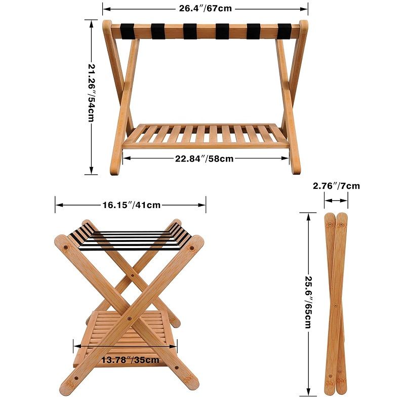 SMIBUY bambusz összecsukható bőröndtartó, polccal, 54x41x67cm - natúr (SBLR-N-01)