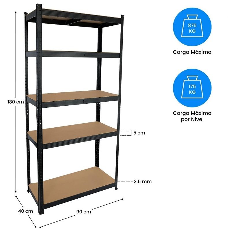 7House Essential 5 szintes fém polc, 180x90x40cm, 875kg-os teherbírással - fekete (75880)