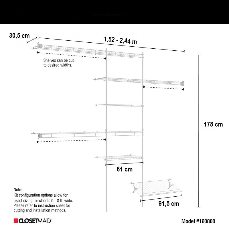 ClosetMaid 1608 szekrényrendező készlet cipőpolccal, 1,52-2,44cm - fehér