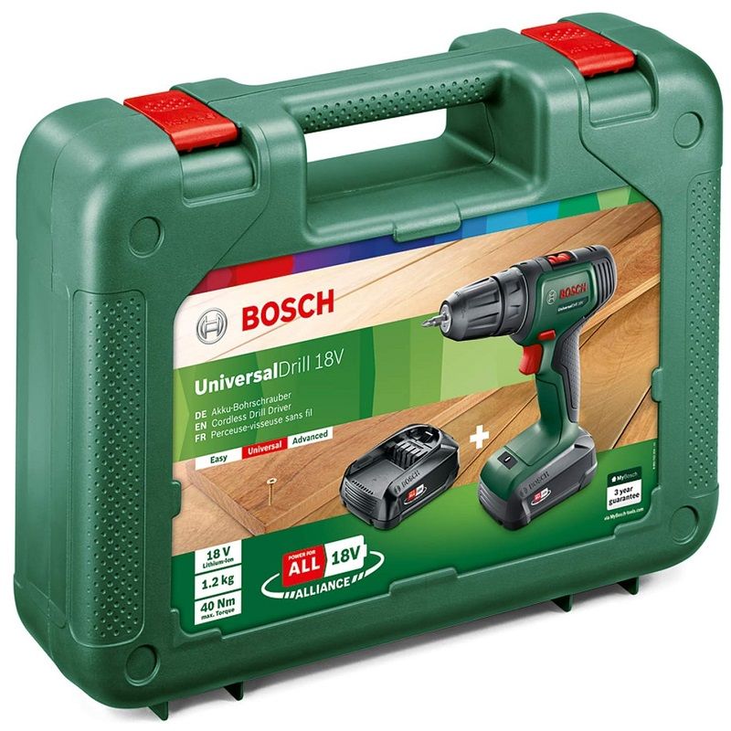 Bosch UniversalDrill 18 akkus fúrócsavarozó 18V 2x1,5Ah, szállítókofferben (06039D4002)