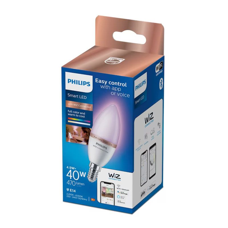 Philips intelligens RGB LED izzó, gyertya, Wi-Fi, Bluetooth, C37, E14, 4,9 W (40 W), 470 lm, színes fény Philips intelligens RGB LED izzó, gyertya, Wi-Fi, Bluetooth, C37, E14, 4,9 W (40 W), 470 lm, színes fény