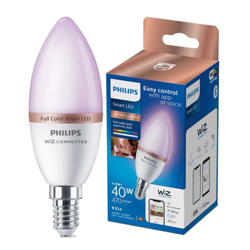 Philips intelligens RGB LED izzó, gyertya, Wi-Fi, Bluetooth, C37, E14, 4,9 W (40 W), 470 lm, színes fény Philips intelligens RGB LED izzó, gyertya, Wi-Fi, Bluetooth, C37, E14, 4,9 W (40 W), 470 lm, színes fény