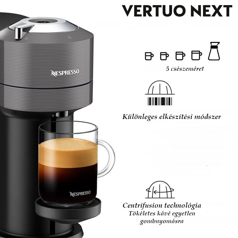 DeLonghi Nespresso Vertuo Next kapszulás kávéfőző, 1500Watt, 19bar, 1.1literes tartály - szürke (ENV120.GY)