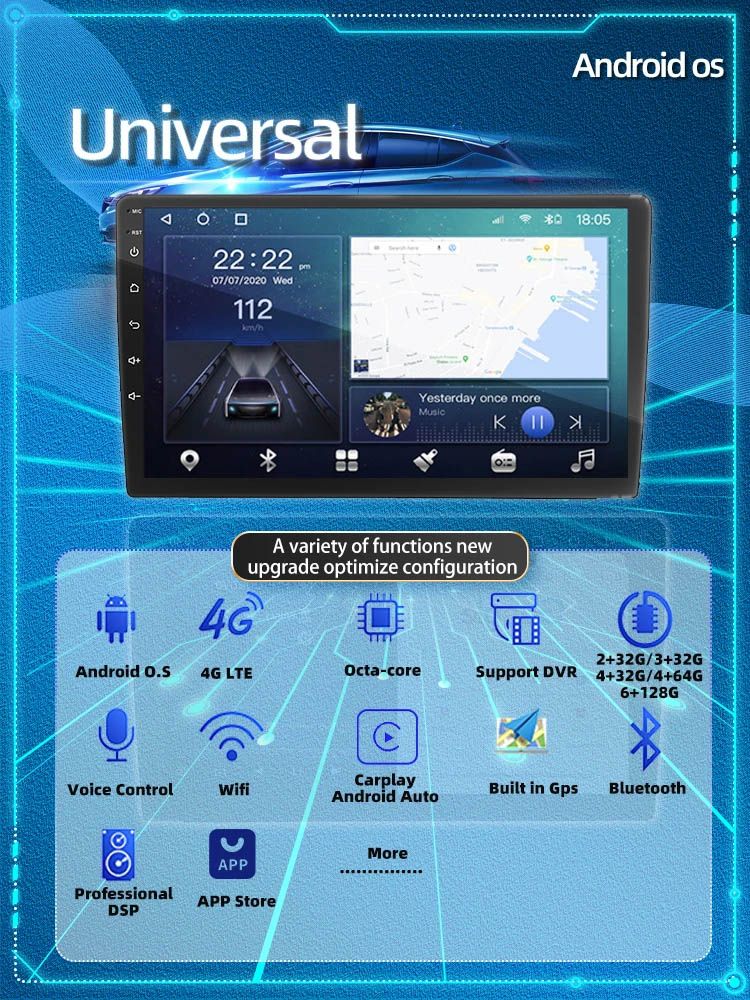 TS18 Android 12 univerzális fejegység, 10", 2DIN, 4/32GB, 8 magos, GPS, 4G LTE, Bluetooth, WiFi