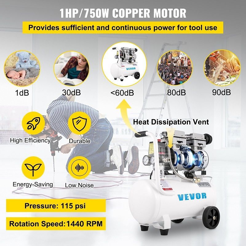 Vevor YM750-25 olajmentes kompresszor, 25lit, 750W, 8bar - fehér Vevor YM750-25 olajmentes kompresszor, 25lit, 750W, 8bar - fehér