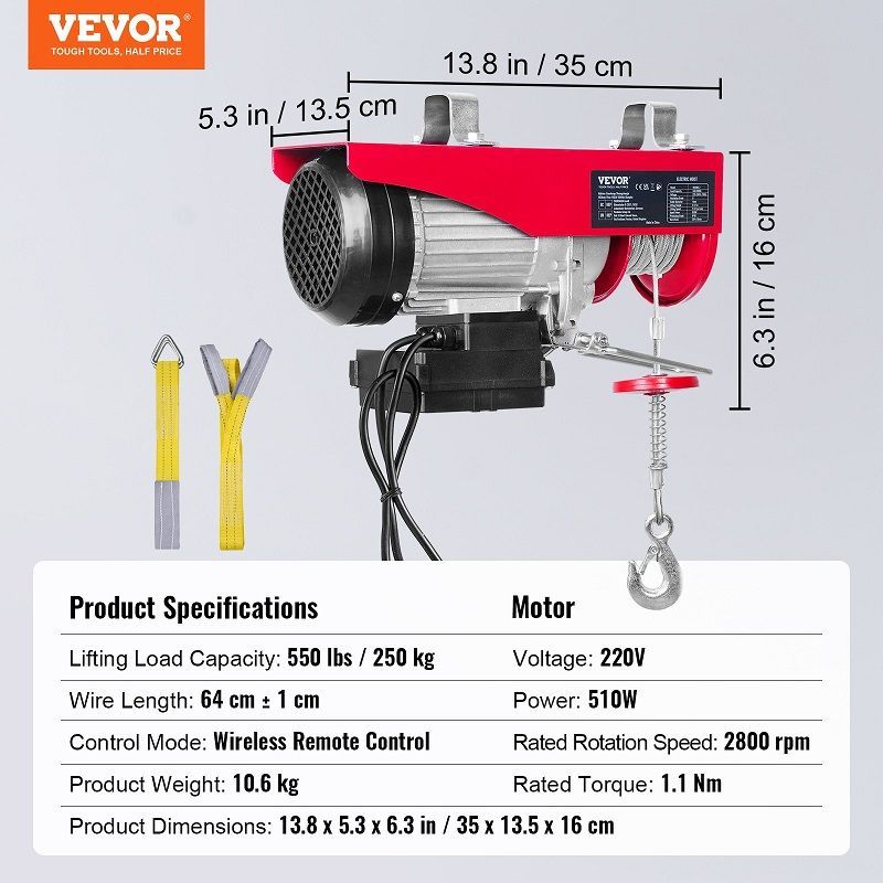 Vevor WX550-2 elektromos csörlő, vezeték nélküli távvezérlővel, 125/250kg 6/12m, 510W, 220V Vevor WX550-2 elektromos csörlő, vezeték nélküli távvezérlővel, 125/250kg 6/12m, 510W, 220V