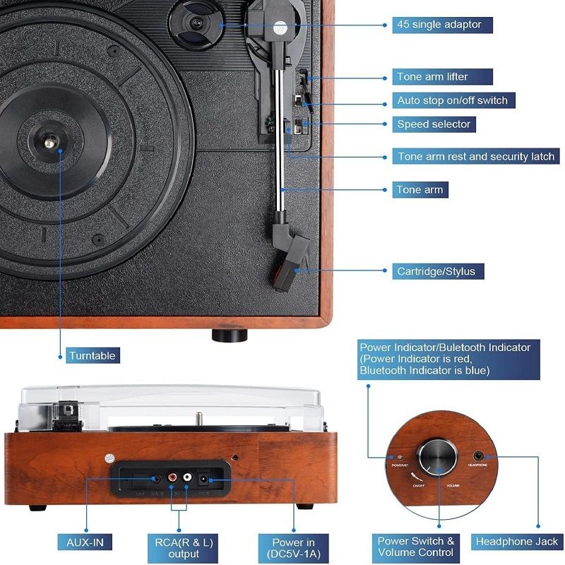 Vintage Bluetooth lemezjátszó beépített sztereó hangszóróval - barna (M49A) Vintage Bluetooth lemezjátszó beépített sztereó hangszóróval - barna (M49A)