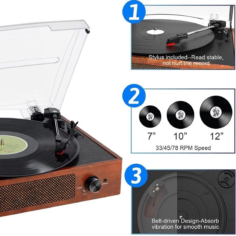 Vintage Bluetooth lemezjátszó beépített sztereó hangszóróval - barna (M49A) Vintage Bluetooth lemezjátszó beépített sztereó hangszóróval - barna (M49A)