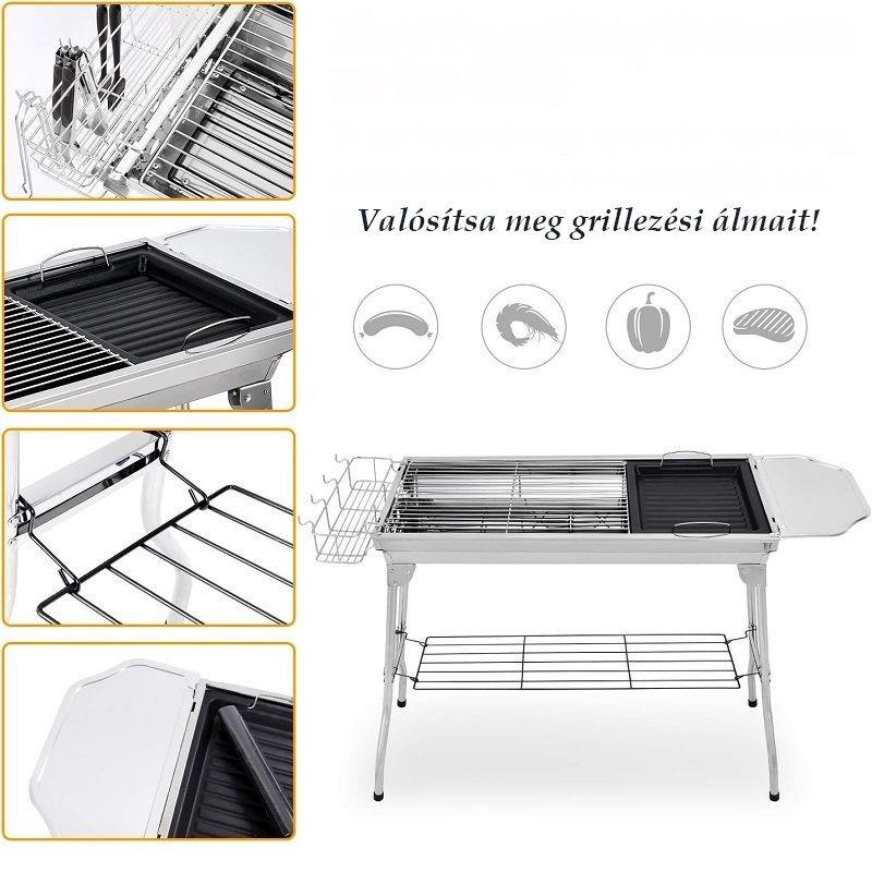 Fixget BBQ összecsukható faszenes grillsütő, tapadásmentes serpenyővel, nagy ráccsal, 100x33,5x70cm - rozsdamentes acél Fixget BBQ összecsukható faszenes grillsütő, tapadásmentes serpenyővel, nagy ráccsal, 100x33,5x70cm - rozsdamentes acél