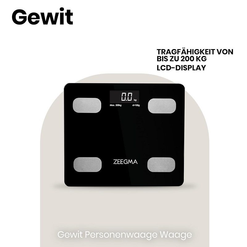 ZEEGMA Gewit okos digitális személymérleg, bluetooth, 200kg - fekete ZEEGMA Gewit okos digitális személymérleg, bluetooth, 200kg - fekete