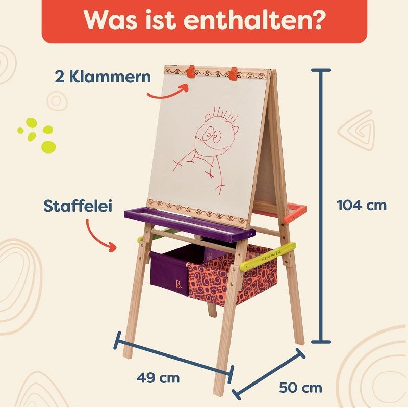 B. Toys Easel Does It kétoldalas fa festőállvány, kréta táblával, polcokkal, tárolókkal (BX1319Z) B. Toys Easel Does It kétoldalas fa festőállvány, kréta táblával, polcokkal, tárolókkal (BX1319Z)