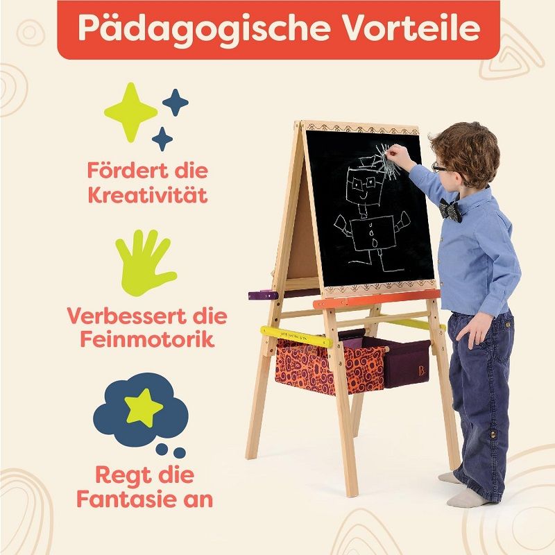 B. Toys Easel Does It kétoldalas fa festőállvány, kréta táblával, polcokkal, tárolókkal (BX1319Z) B. Toys Easel Does It kétoldalas fa festőállvány, kréta táblával, polcokkal, tárolókkal (BX1319Z)