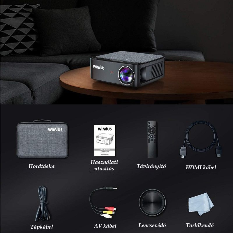 Wimius K1 4K 5G WiFi projektor, bluetooth, távirányítóval, 4D trapézkorrekcióval - fekete