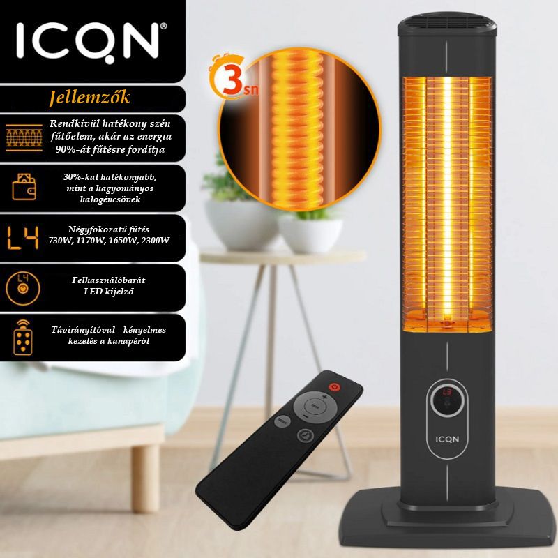 ICQN karbonszálas infra hősugárzó, távirányítóval, 2300W - fekete (IC2300.R) ICQN karbonszálas infra hősugárzó, távirányítóval, 2300W - fekete (IC2300.R)