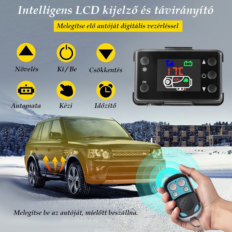 Vevor dízel állófűtés, távirányítóval, kijelzővel, 5kW, 24V, 10lit - fekete