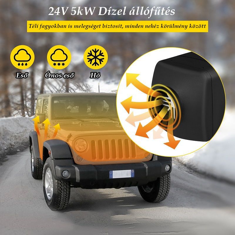 Vevor dízel állófűtés, távirányítóval, kijelzővel, 5kW, 24V, 10lit - fekete