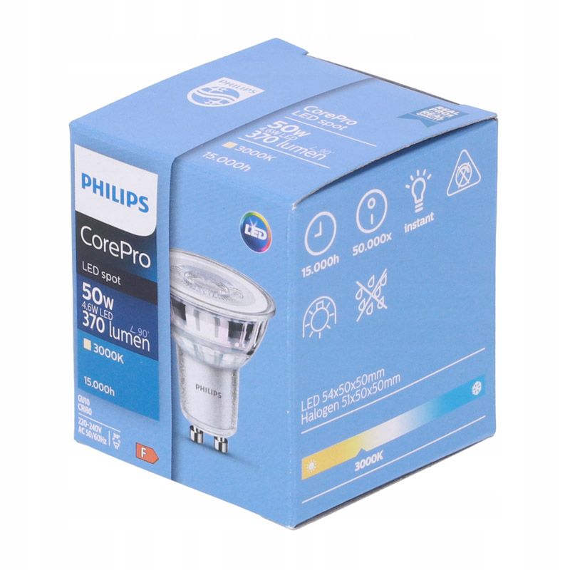 Philips GU10 LED izzó 4.6W (=50W) 3000K 370lm GU10 36D 15.000h Philips GU10 LED izzó 4.6W (=50W) 3000K 370lm GU10 36D 15.000h