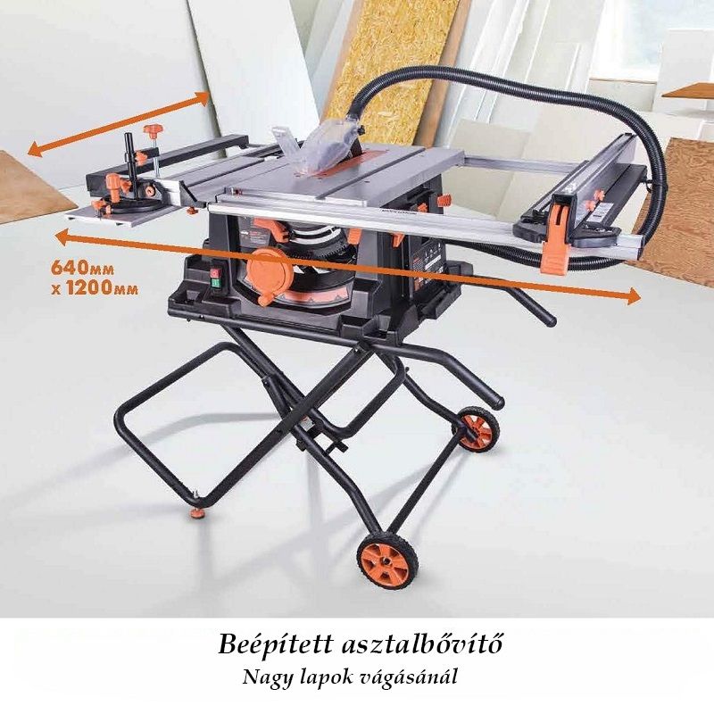 Evolution Rage 5-S asztali körfűrész, kerekes állvánnyal, 255mm, 1500W (057-0003)