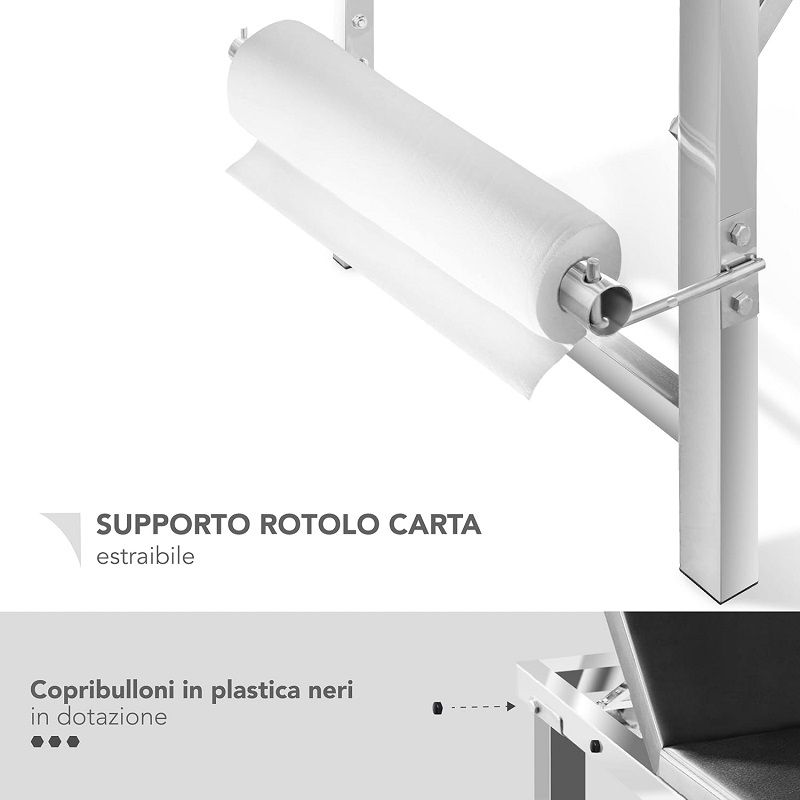 AIESI® orvosi vizsgálóasztal emelhető fejrésszel, tekercstartóval, 150kg, 190x65x80cm - fekete (AHS184)