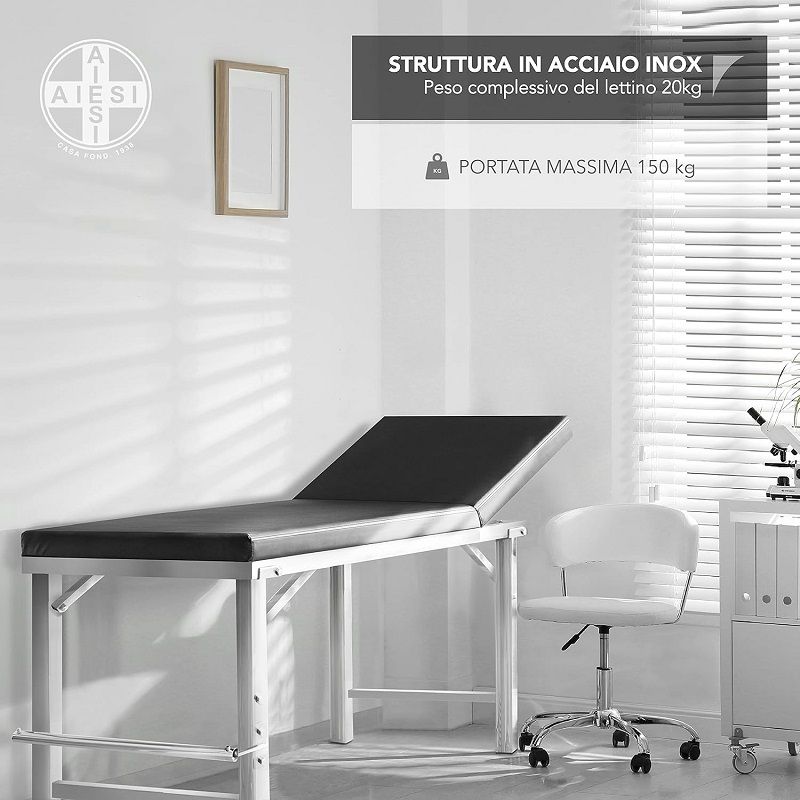 AIESI® orvosi vizsgálóasztal emelhető fejrésszel, tekercstartóval, 150kg, 190x65x80cm - fekete (AHS184)